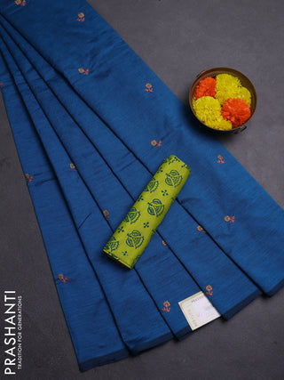 Peacock Blue & Lime Green Semi Silk Cotton Saree - Embroidery