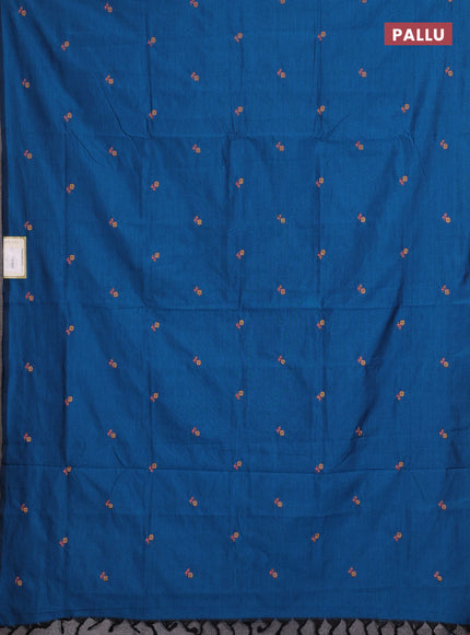 Peacock Blue & Lime Green Semi Silk Cotton Saree - Embroidery