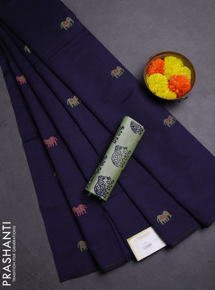 Navy Blue & Pista Green Semi Silk Cotton Saree - Embroidery