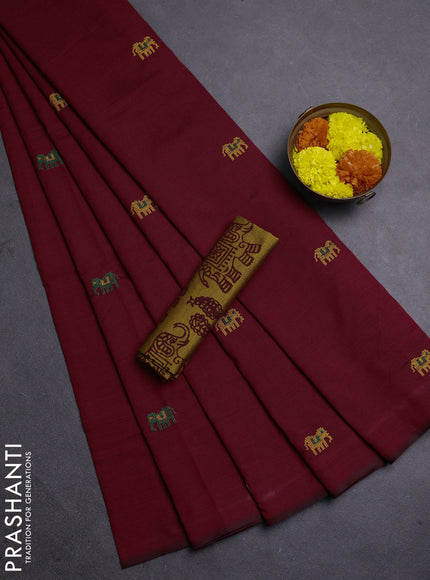 Maroon & Mustard Yellow Semi Silk Cotton Saree - Embroidery