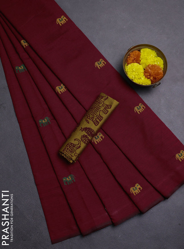 Maroon & Mustard Yellow Semi Silk Cotton Saree - Embroidery