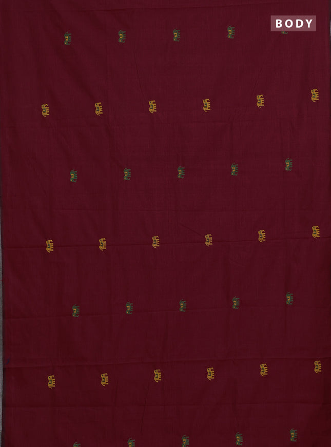 Maroon & Mustard Yellow Semi Silk Cotton Saree - Embroidery