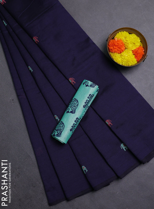 Navy Blue & Teal Semi Silk Cotton Saree - Embroidery