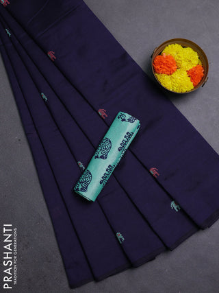 Navy Blue & Teal Semi Silk Cotton Saree - Embroidery