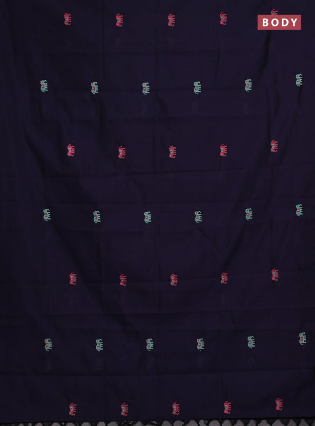 Navy Blue & Teal Semi Silk Cotton Saree - Embroidery