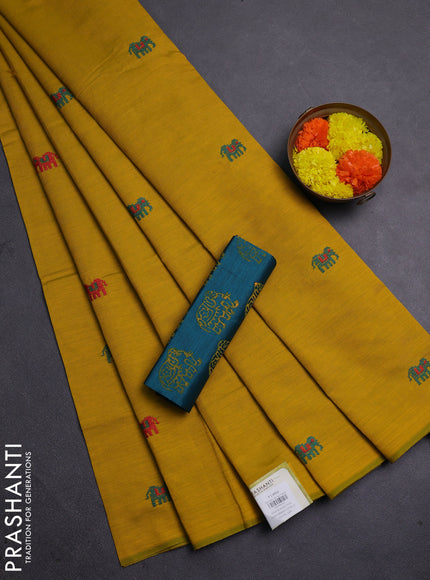 Mustard Yellow & Teal Green Semi Silk Cotton Saree - Embroidery