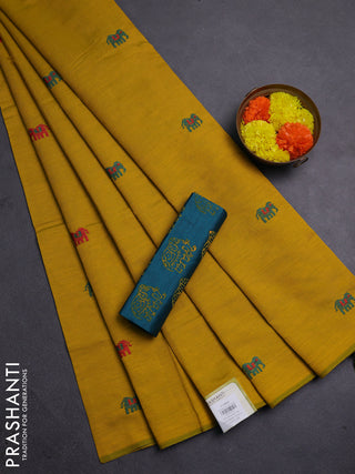 Mustard Yellow & Teal Green Semi Silk Cotton Saree - Embroidery
