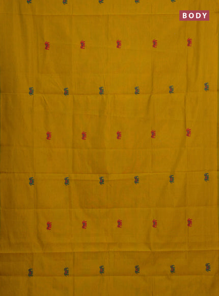 Mustard Yellow & Teal Green Semi Silk Cotton Saree - Embroidery