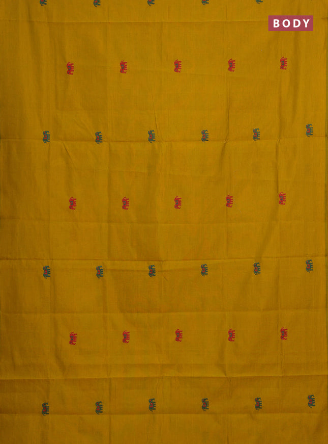 Mustard Yellow & Teal Green Semi Silk Cotton Saree - Embroidery