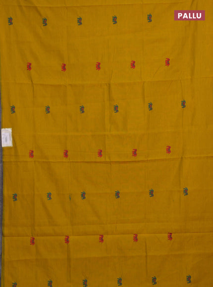 Mustard Yellow & Teal Green Semi Silk Cotton Saree - Embroidery