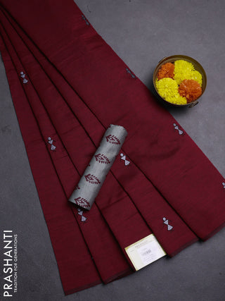 Maroon & Grey Semi Silk Cotton Saree - Embroidery