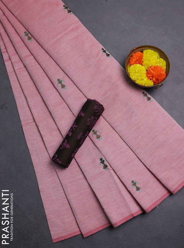 Pastel Maroon & Coffee Brown Semi Silk Cotton Saree - Embroidery