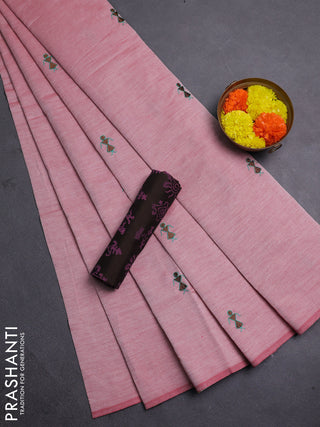 Pastel Maroon & Coffee Brown Semi Silk Cotton Saree - Embroidery
