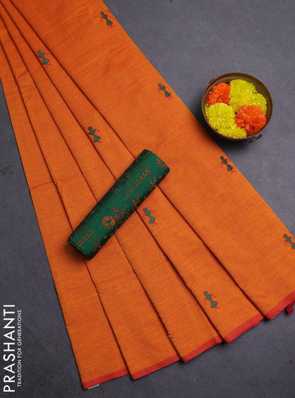 Orange & Green Semi Silk Cotton Saree - Embroidery