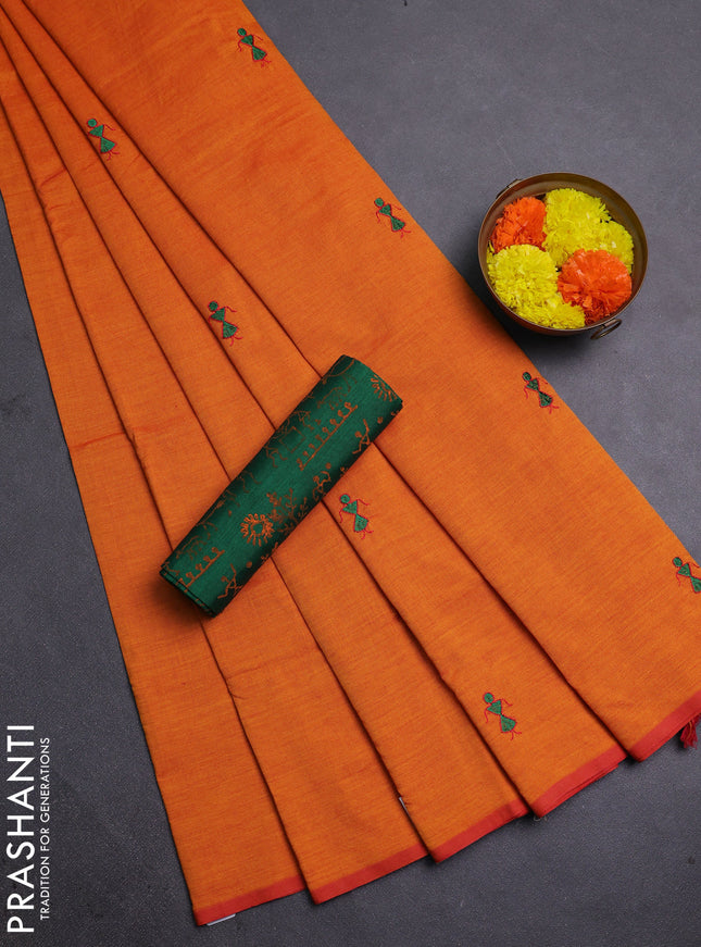 Orange & Green Semi Silk Cotton Saree - Embroidery