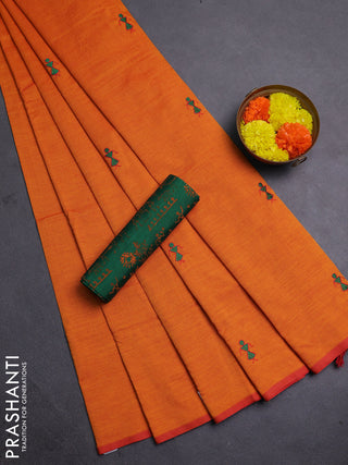 Orange & Green Semi Silk Cotton Saree - Embroidery