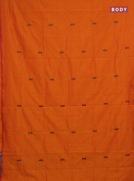 Orange & Green Semi Silk Cotton Saree - Embroidery