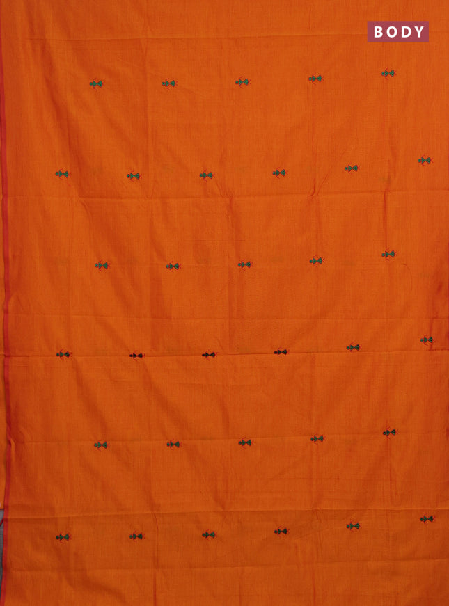 Orange & Green Semi Silk Cotton Saree - Embroidery