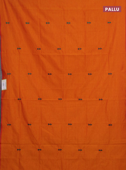 Orange & Green Semi Silk Cotton Saree - Embroidery