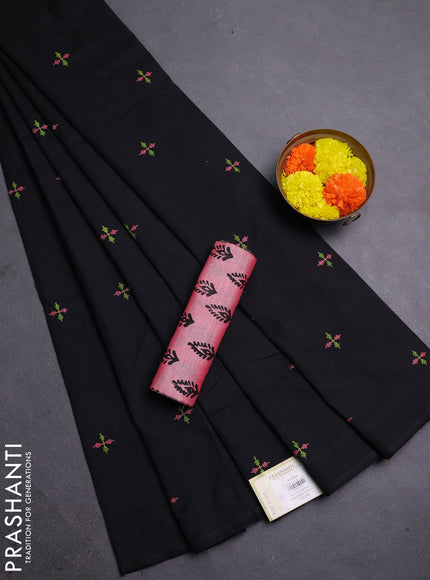 Black & Peach Pink Semi Silk Cotton Saree - Embroidery
