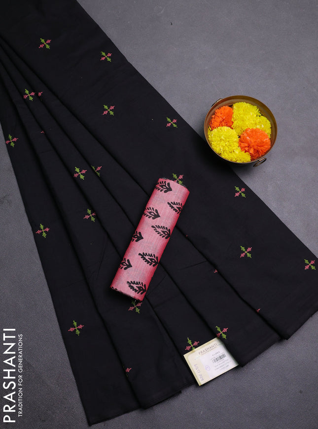Black & Peach Pink Semi Silk Cotton Saree - Embroidery