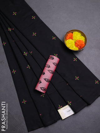 Black & Peach Pink Semi Silk Cotton Saree - Embroidery