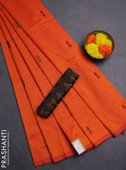Orange & Coffee Brown Semi Silk Cotton Saree - Embroidery