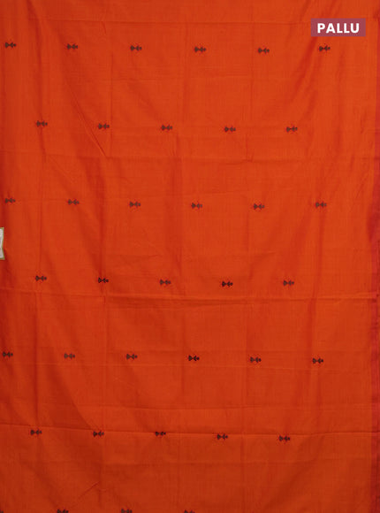 Orange & Coffee Brown Semi Silk Cotton Saree - Embroidery