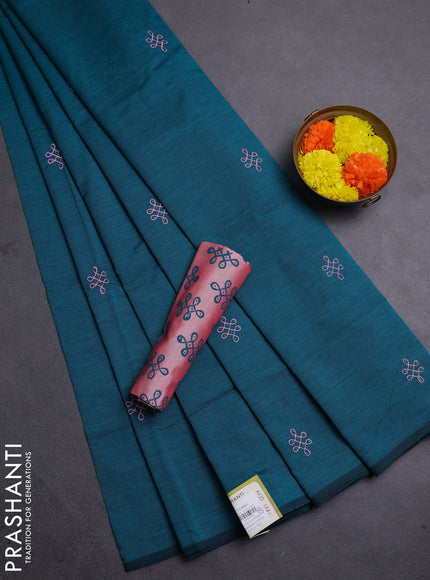 Teal Green & Peach Semi Silk Cotton Saree - Embroidery