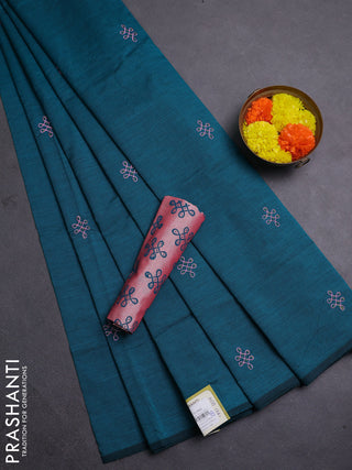 Teal Green & Peach Semi Silk Cotton Saree - Embroidery
