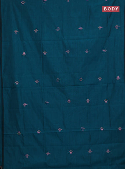 Teal Green & Peach Semi Silk Cotton Saree - Embroidery