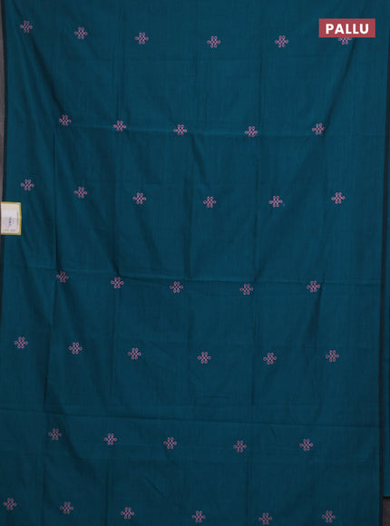 Teal Green & Peach Semi Silk Cotton Saree - Embroidery