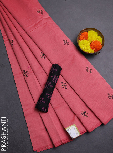 Peach Pink & Black Semi Silk Cotton Saree - Embroidery