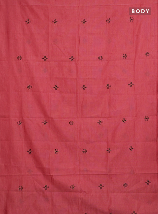 Peach Pink & Black Semi Silk Cotton Saree - Embroidery