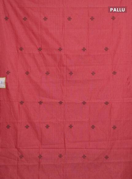 Peach Pink & Black Semi Silk Cotton Saree - Embroidery