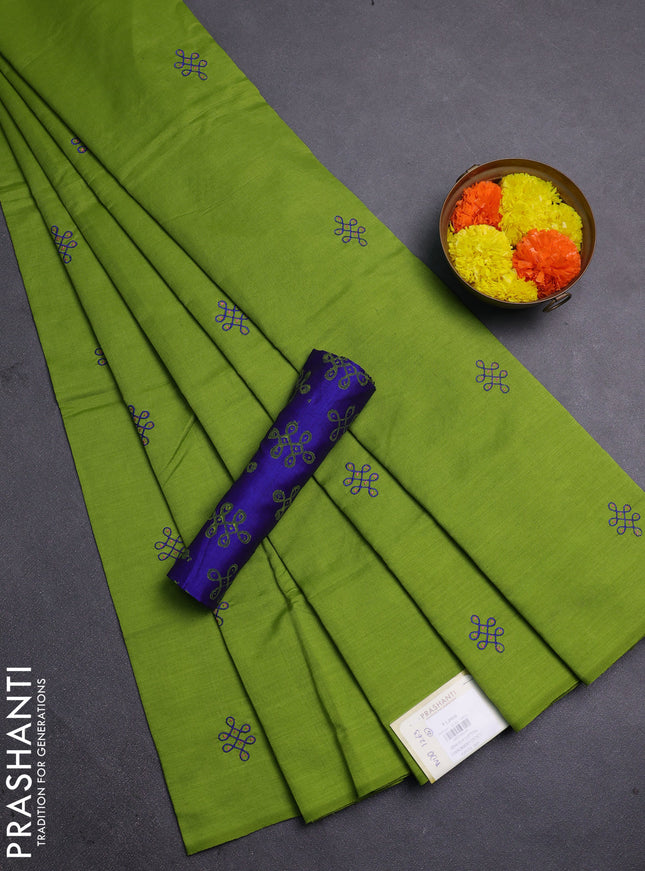 Teal Green & Blue Semi Silk Cotton Saree - Embroidery
