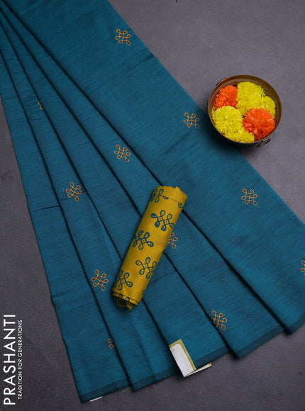 Teal Green & Mustard Yellow Semi Silk Cotton Saree - Embroidery