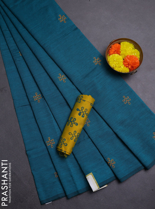 Teal Green & Mustard Yellow Semi Silk Cotton Saree - Embroidery