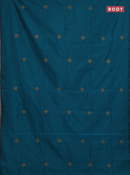 Teal Green & Mustard Yellow Semi Silk Cotton Saree - Embroidery