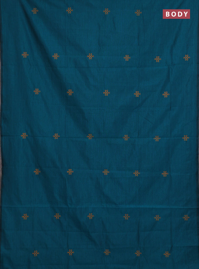Teal Green & Mustard Yellow Semi Silk Cotton Saree - Embroidery