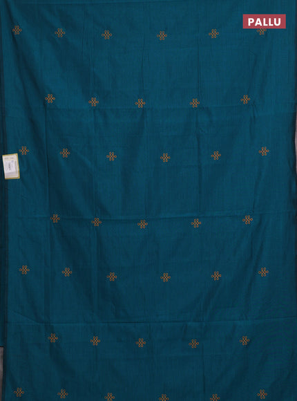 Teal Green & Mustard Yellow Semi Silk Cotton Saree - Embroidery