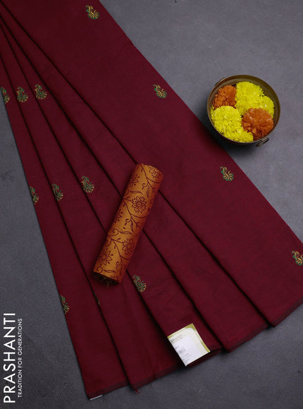 Maroon & Sunset Orange Semi Silk Cotton Saree - Embroidery