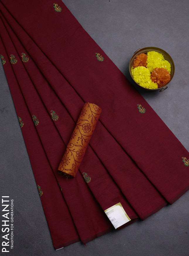 Maroon & Sunset Orange Semi Silk Cotton Saree - Embroidery