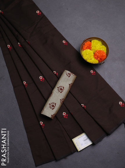 Coffee Brown & Beige Semi Silk Cotton Saree - Embroidery