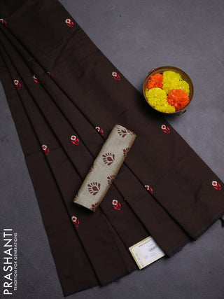 Coffee Brown & Beige Semi Silk Cotton Saree - Embroidery