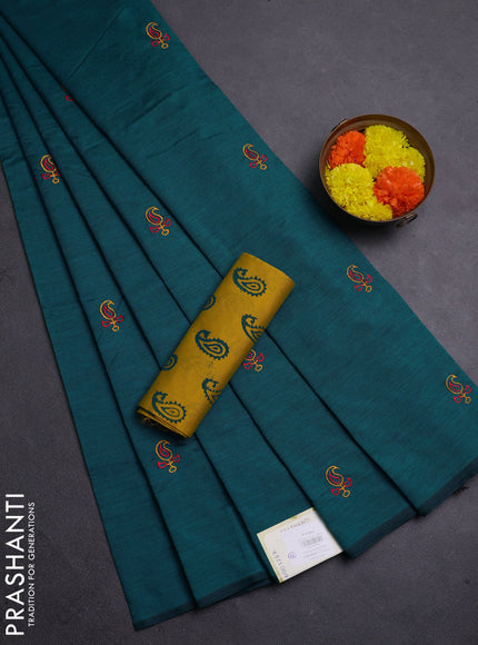 Teal Green & Mustard Yellow Semi Silk Cotton Saree - Embroidery