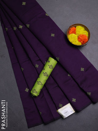 Purple & Green Semi Silk Cotton Saree - Embroidery