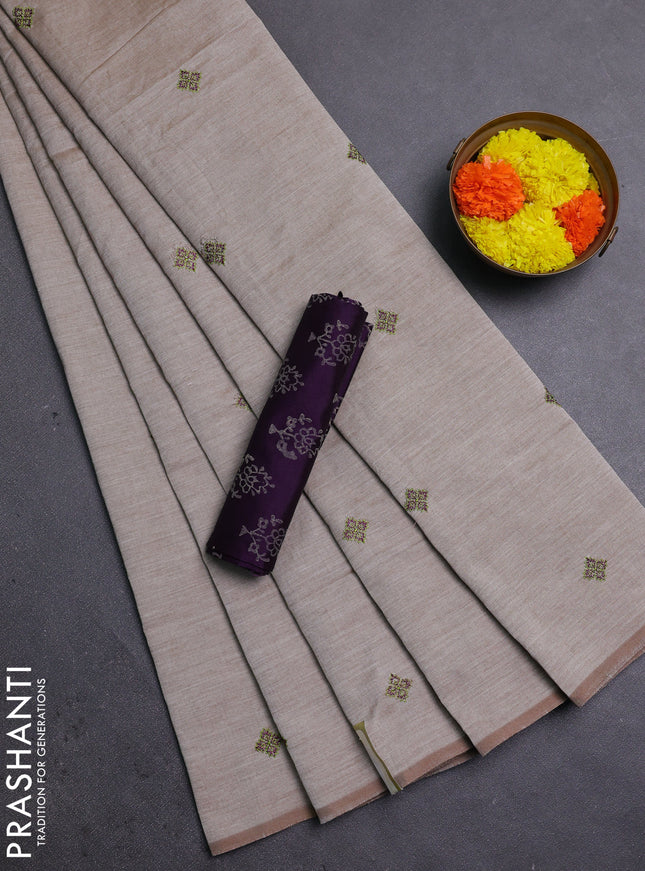 Beige & Purple Semi Silk Cotton Saree - Embroidery