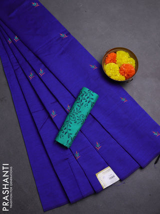 Blue & Teal Green Semi Silk Cotton Saree - Embroidery