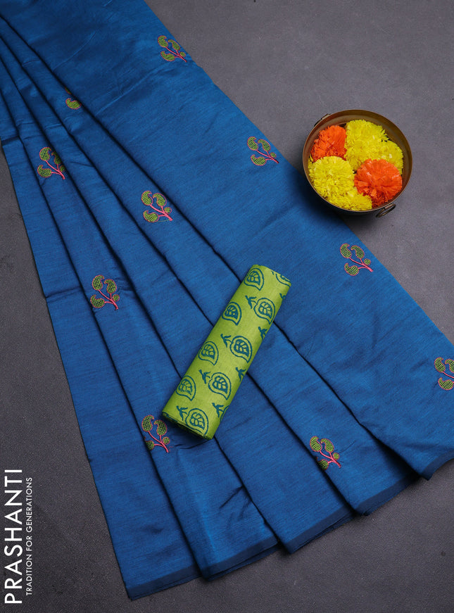 Peacock Blue & Green Semi Silk Cotton Saree - Embroidery